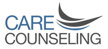 Care Counseling logo with blue 'CARE' and gray 'COUNSELING' text and curved swoosh lines above it.